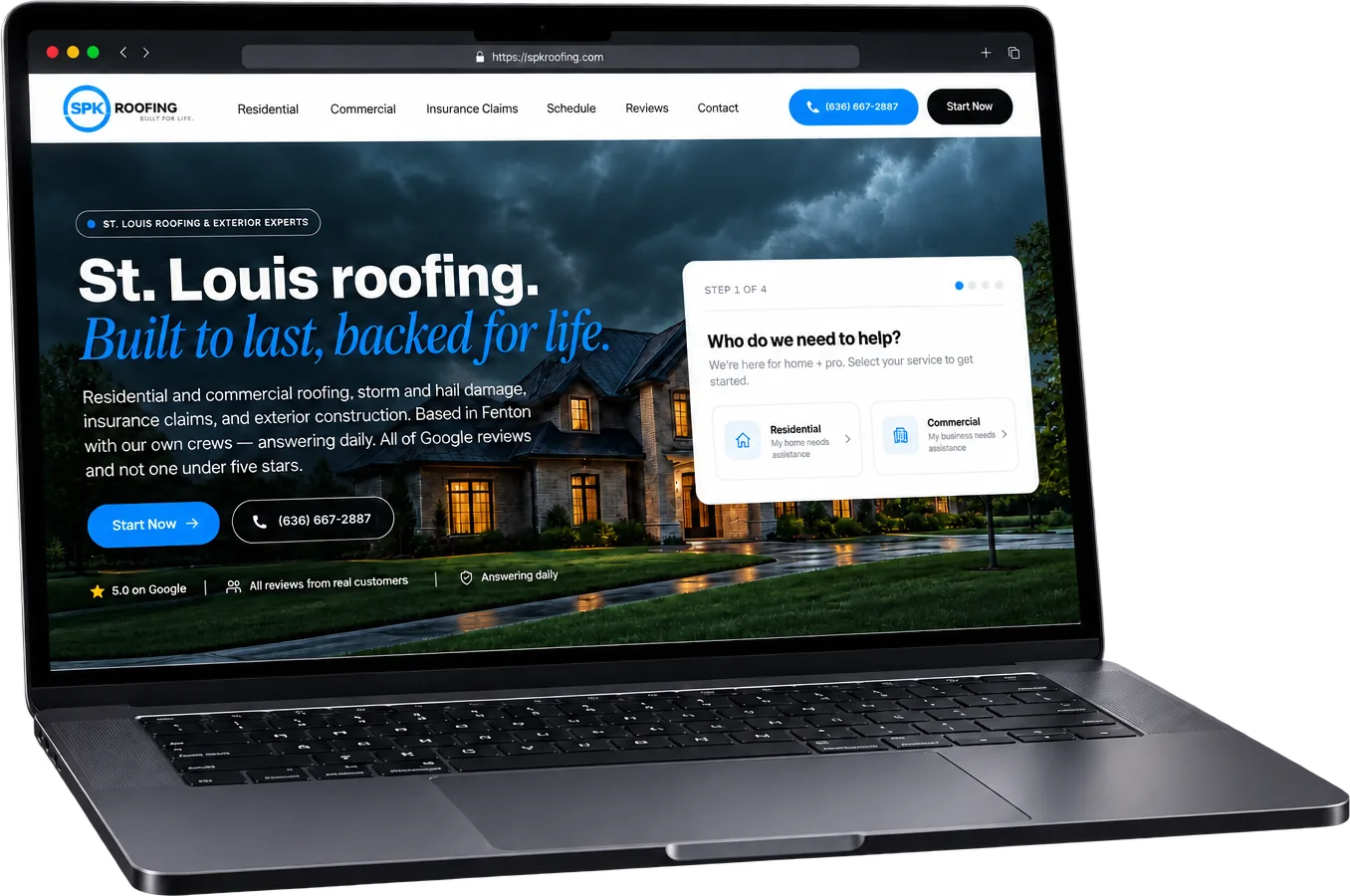SPK Roofing website on a laptop